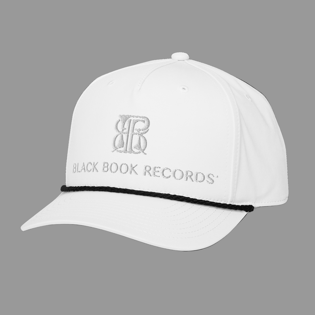 White cap with 'Black Book Records' logo on a white background